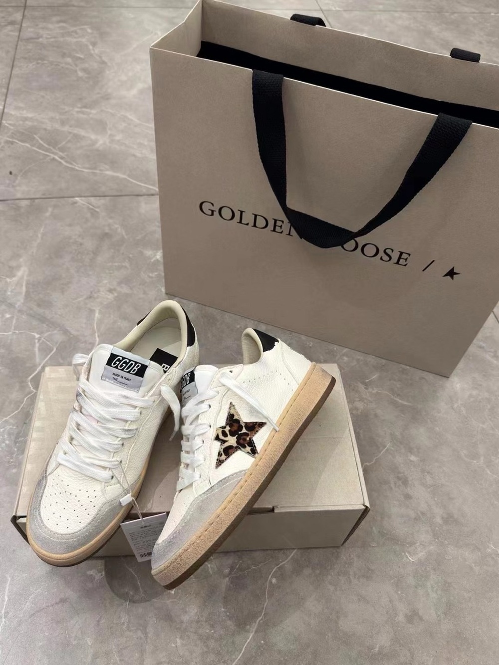 Golden Goose White Leather Low-Top Sneakers with Leopard Star and Black Heel Tab - Picture 8 of 9